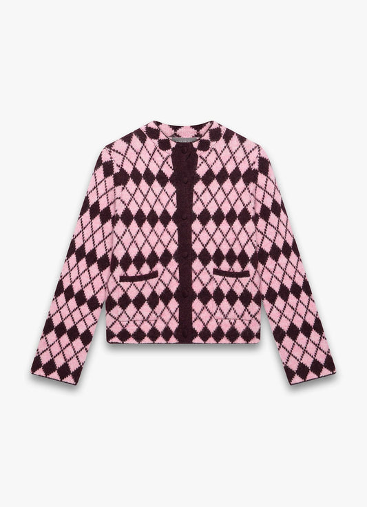 Burgundy Wool Blend Argyle Knit Cardigan