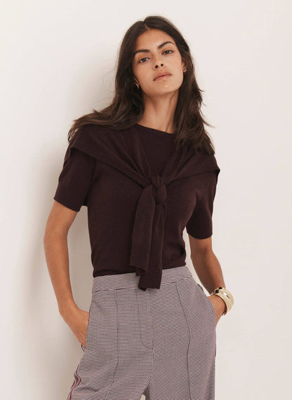 Burgundy Cotton Blend Scarf Detail Knit Top