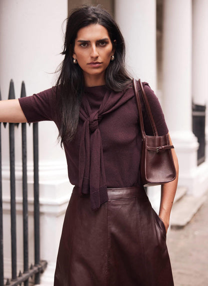 Burgundy Cotton Blend Scarf Detail Knit Top
