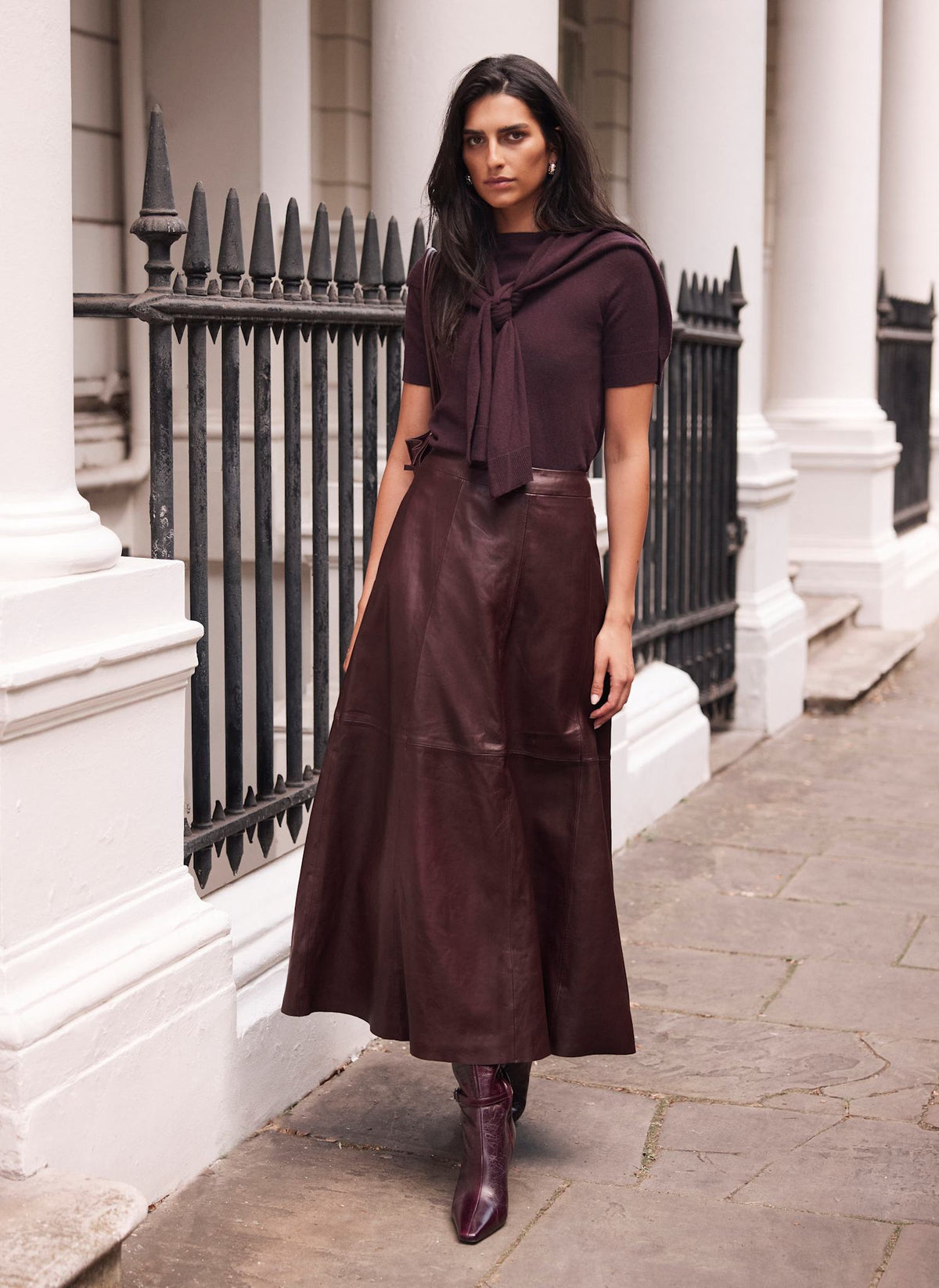 Burgundy Cotton Blend Scarf Detail Knit Top
