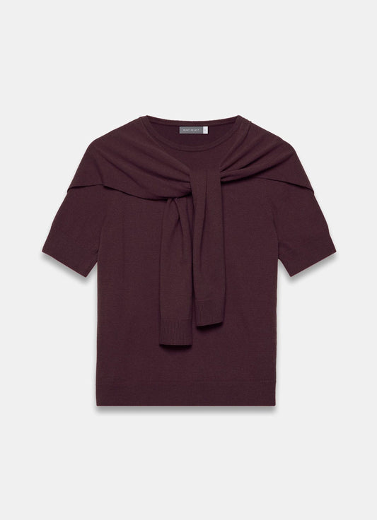 Burgundy Cotton Blend Scarf Detail Knit Top