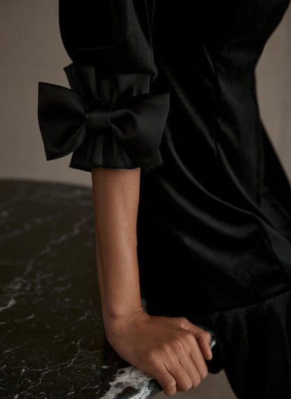 Black Bow Detail Velvet Mini Dress