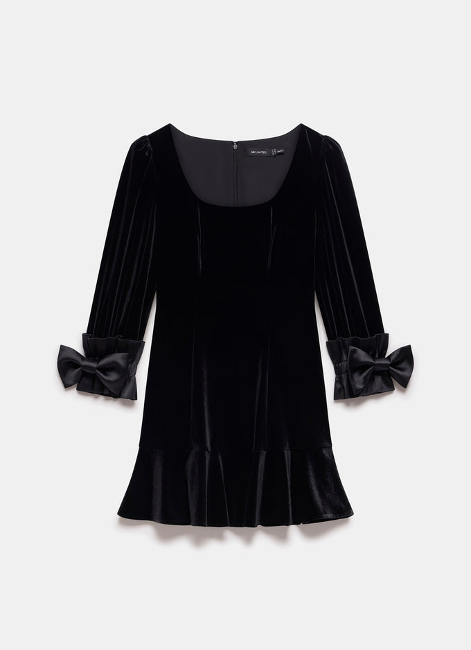 Black Bow Detail Velvet Mini Dress