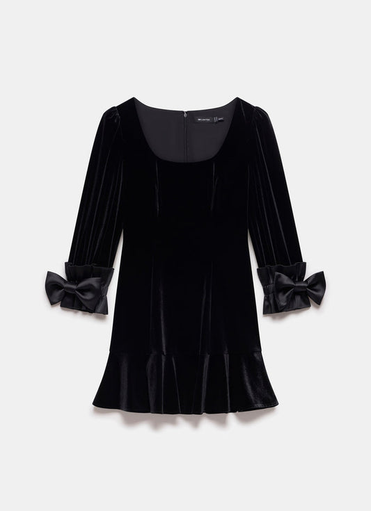 Black Bow Detail Velvet Mini Dress