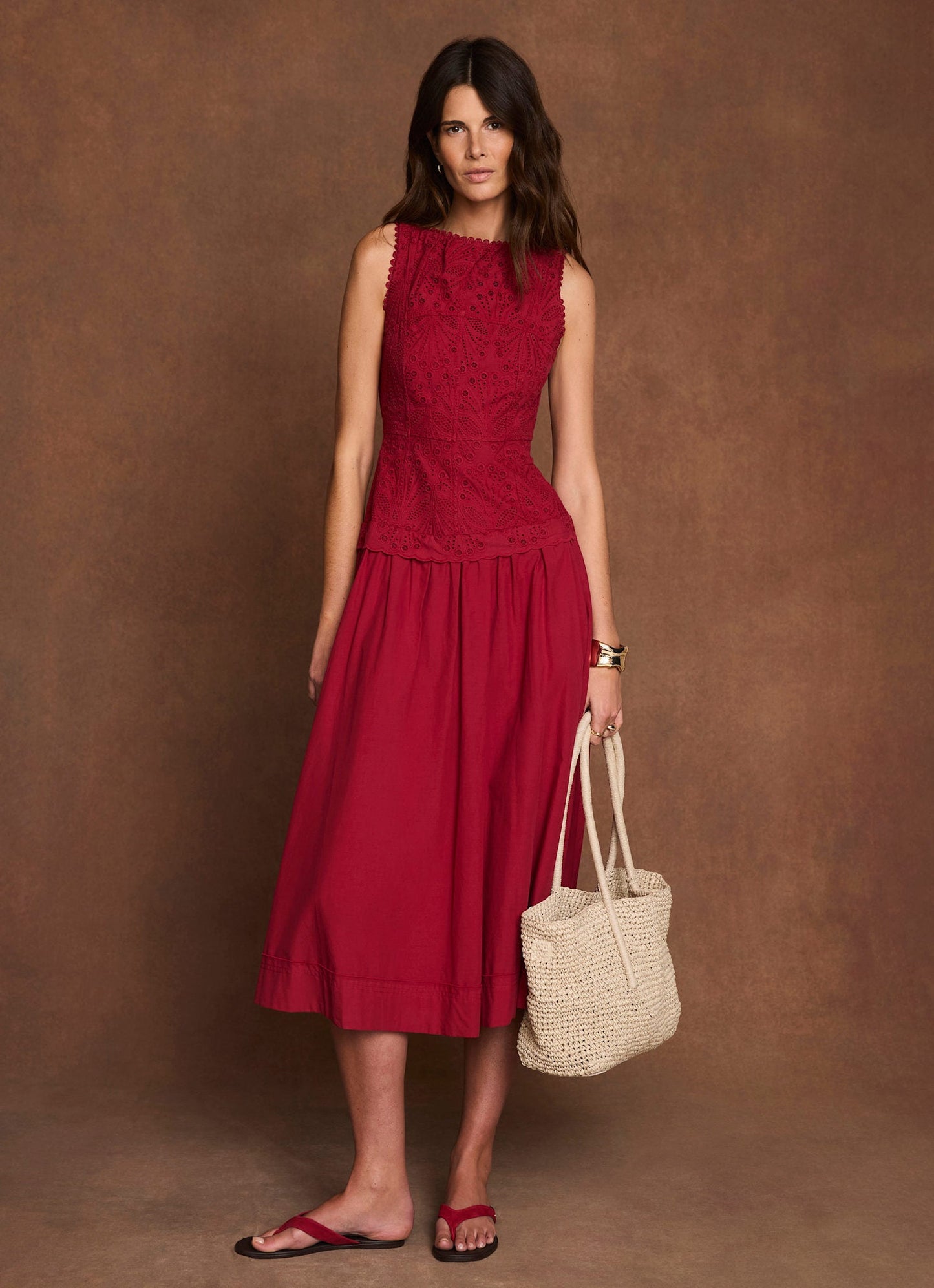 Red Cotton Broderie Midi Dress