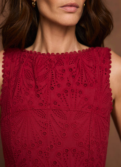 Red Cotton Broderie Midi Dress