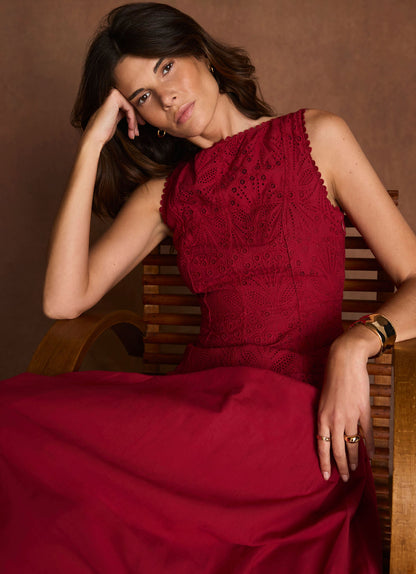 Red Cotton Broderie Midi Dress