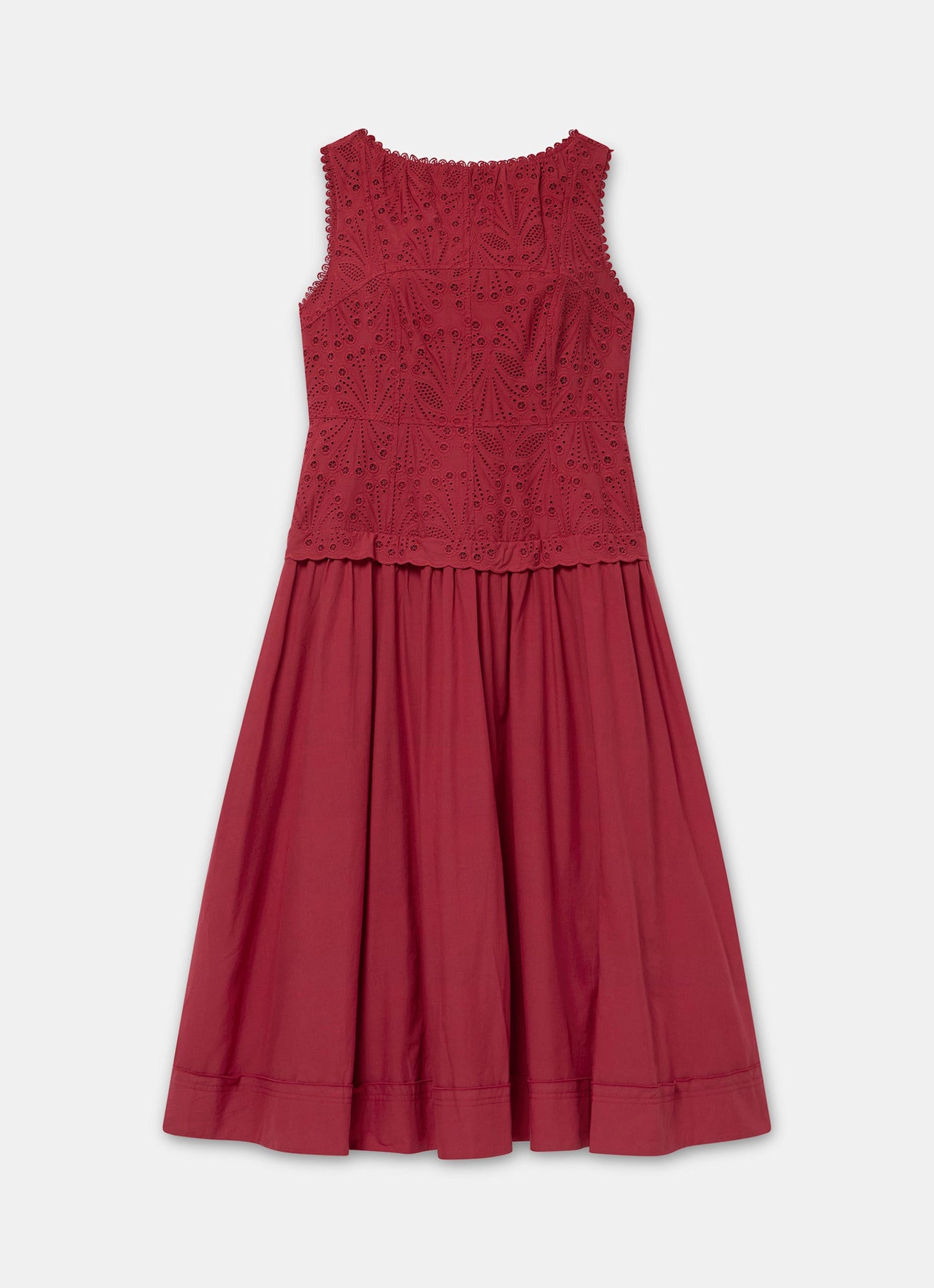 Red Cotton Broderie Midi Dress