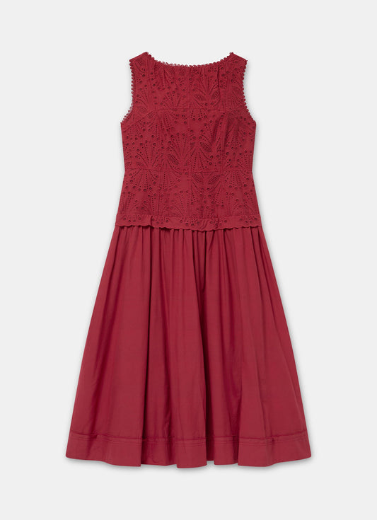 Red Cotton Broderie Midi Dress