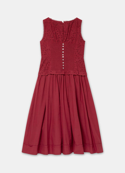 Red Cotton Broderie Midi Dress