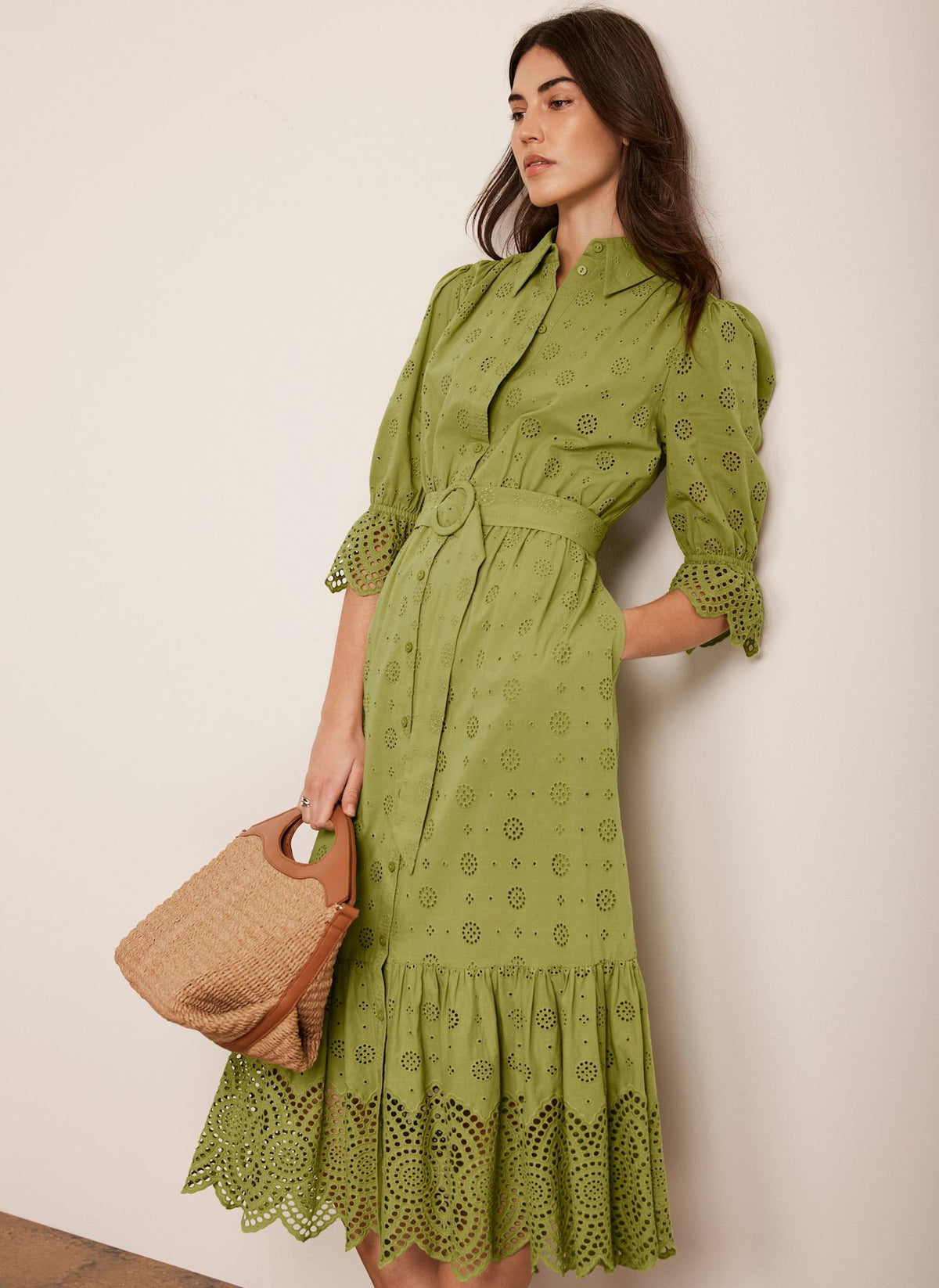 Green Broderie Midi Dress