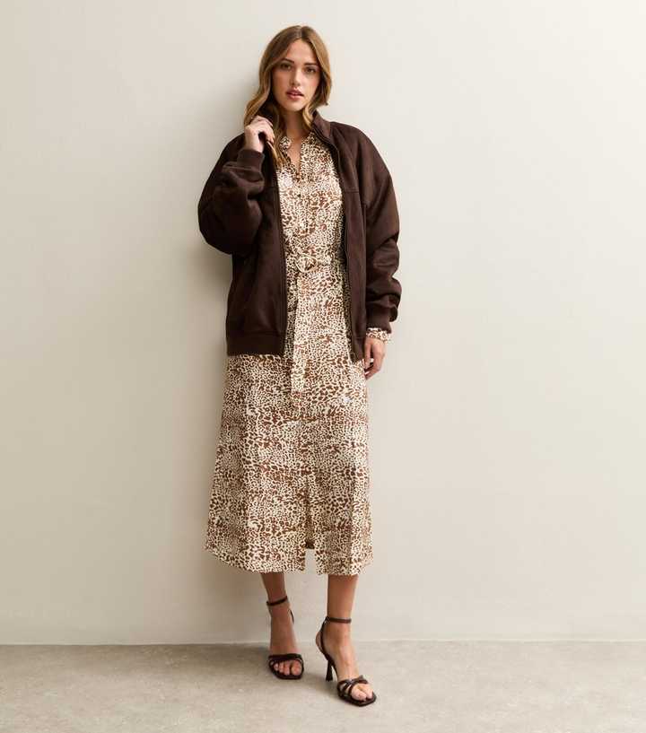 Brown Animal Print Belted Midi Shirt Dress