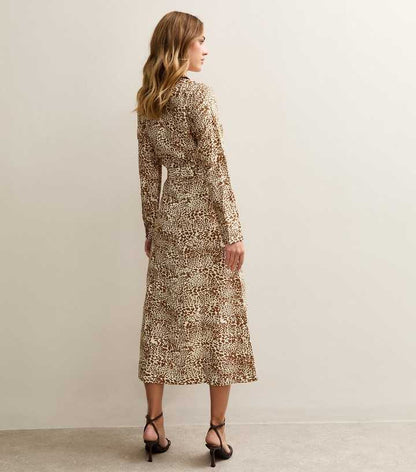 Brown Animal Print Belted Midi Shirt Dress