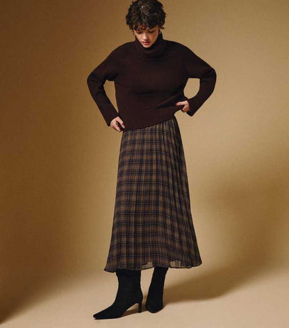 Brown Check Chiffon Pleated Midi Skirt