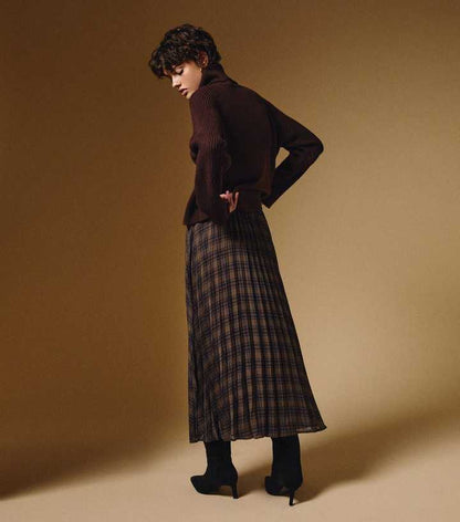 Brown Check Chiffon Pleated Midi Skirt