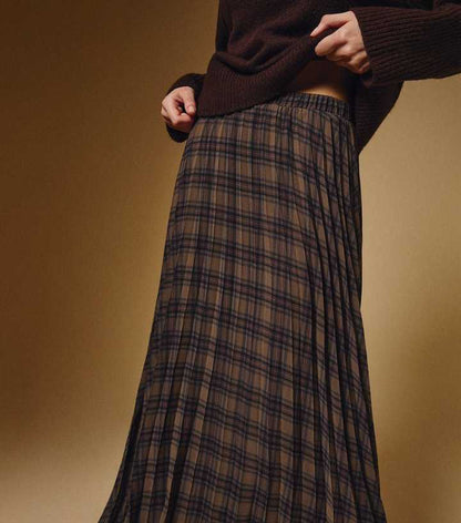 Brown Check Chiffon Pleated Midi Skirt