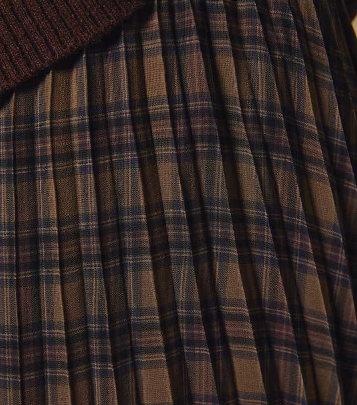 Brown Check Chiffon Pleated Midi Skirt