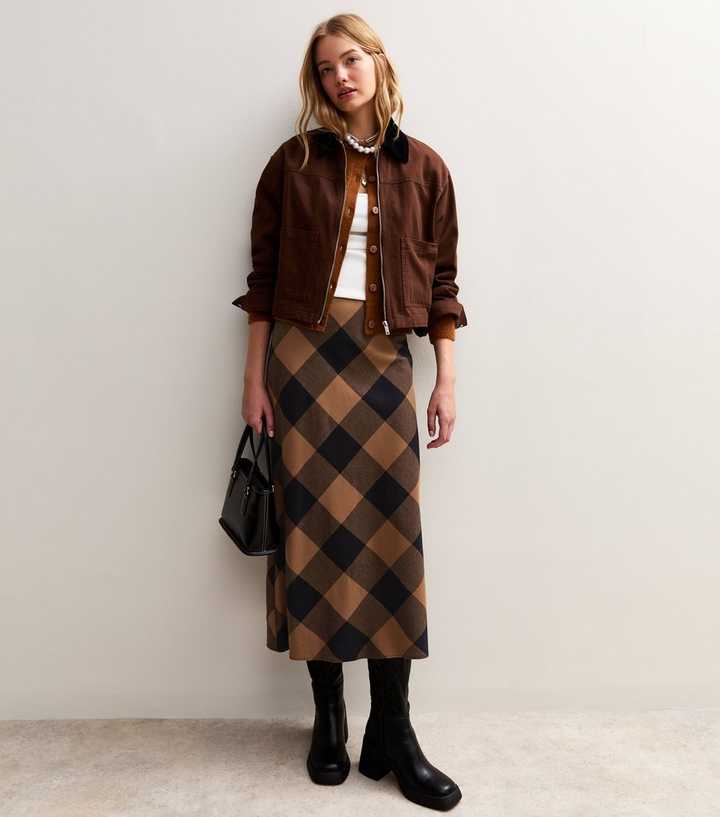 Brown Check Midi Skirt