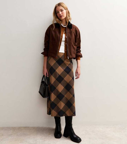 Brown Check Midi Skirt