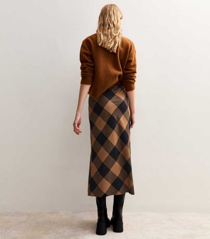 Brown Check Midi Skirt