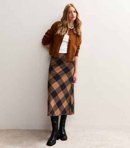 Brown Check Midi Skirt