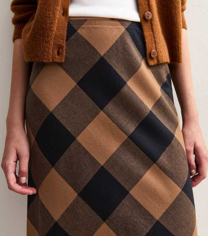 Brown Check Midi Skirt