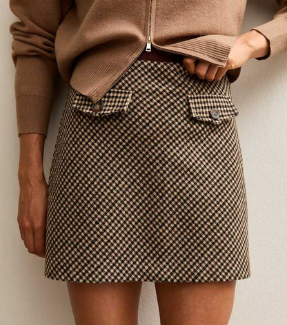 Brown Check Pattern A-line Mini Skirt