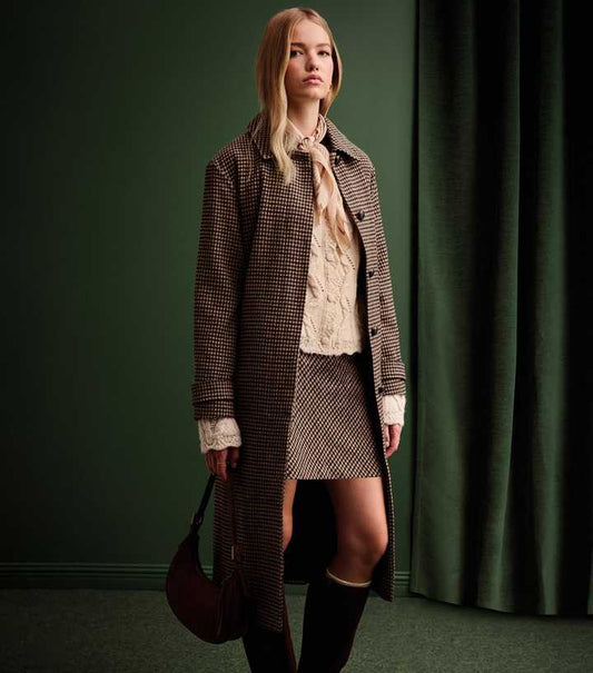 Brown Checked Belted Longline Coat