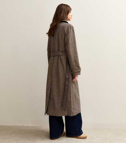 Brown Checked Belted Longline Coat