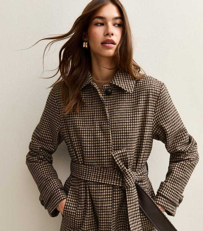 Brown Checked Belted Longline Coat