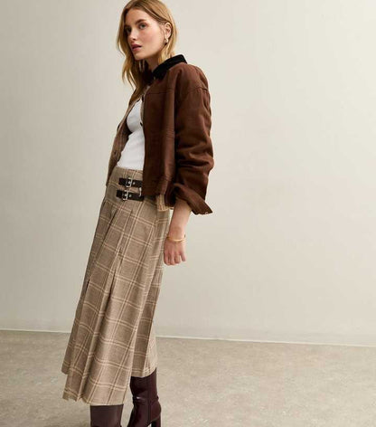 Brown Checked Buckle Trim Midi Skirt