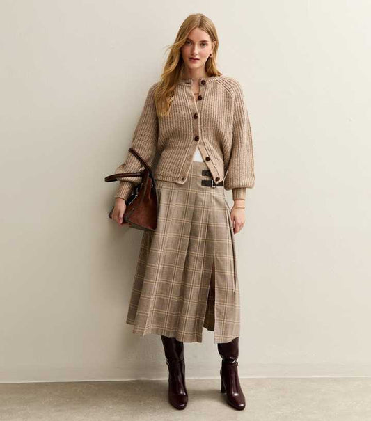 Brown Checked Buckle Trim Midi Skirt