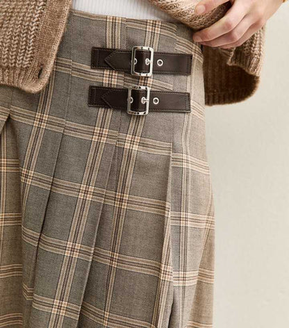 Brown Checked Buckle Trim Midi Skirt