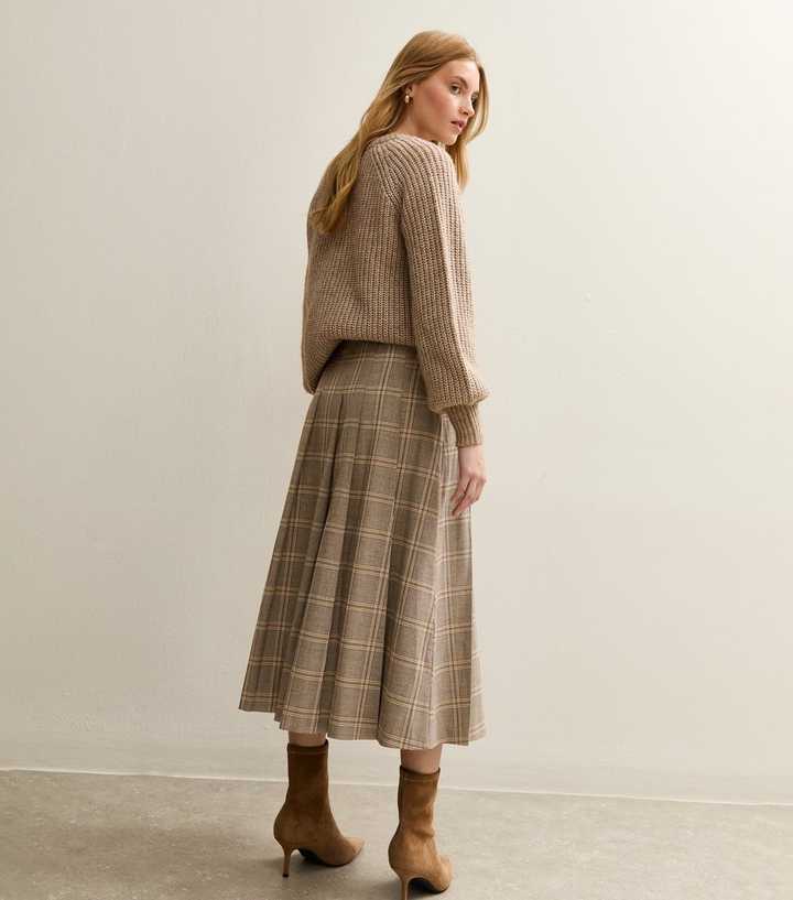 Brown Checked Buckle Trim Midi Skirt