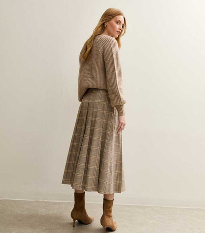 Brown Checked Buckle Trim Midi Skirt