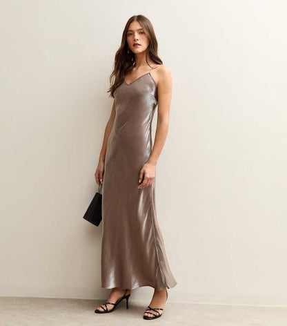 Brown Satin Slip Maxi Dress