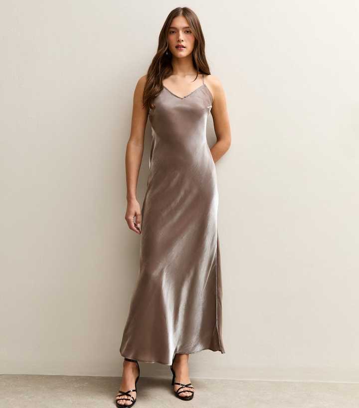 Brown Satin Slip Maxi Dress