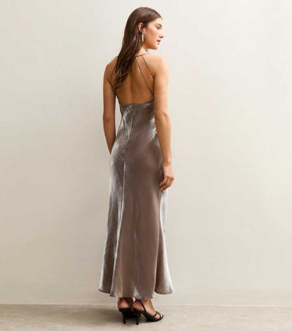Brown Satin Slip Maxi Dress