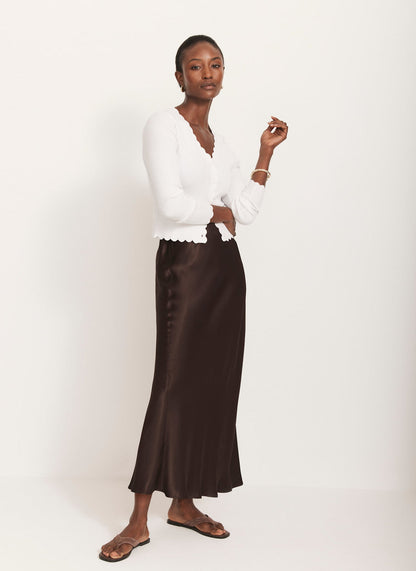 Brown Satin Slip Midi Skirt