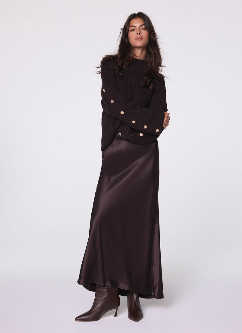 Brown Satin Slip Midi Skirt