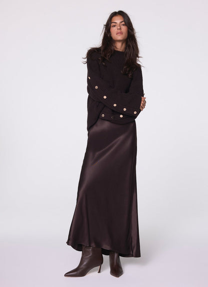 Brown Satin Slip Midi Skirt