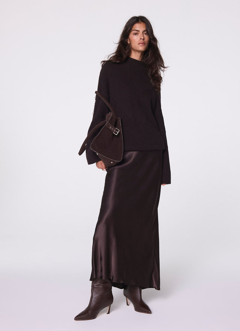 Brown Satin Slip Midi Skirt