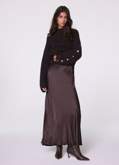 Brown Satin Slip Midi Skirt