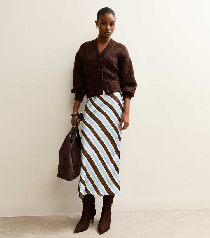 Brown Satin Striped Bias Cut Midi Skirt