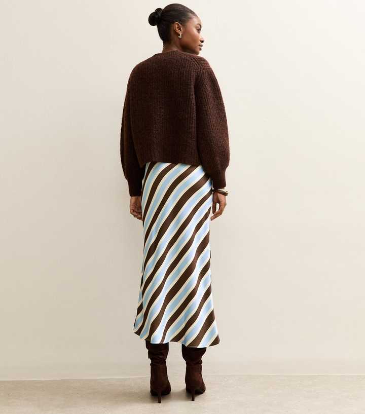 Brown Satin Striped Bias Cut Midi Skirt