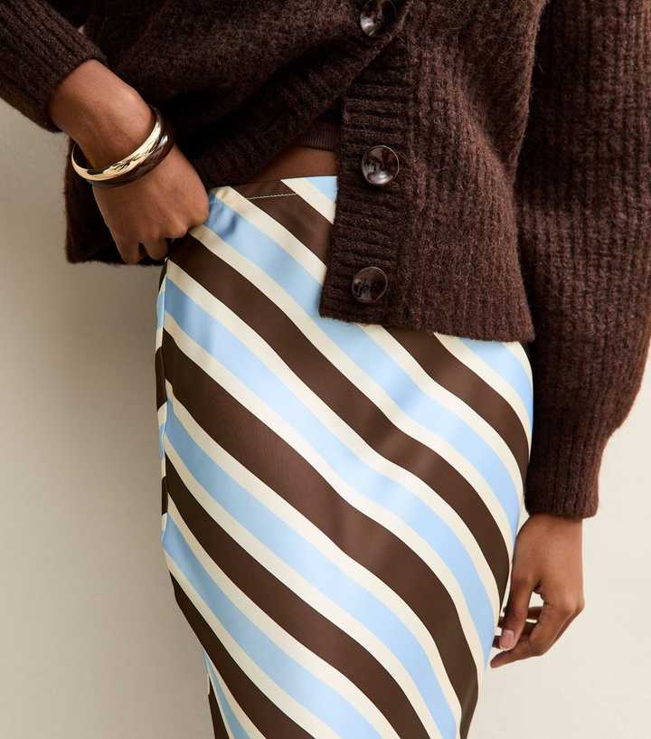 Brown Satin Striped Bias Cut Midi Skirt