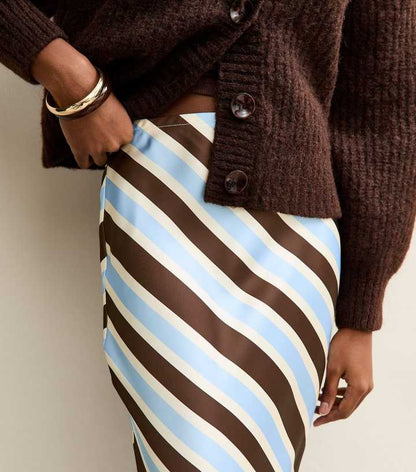 Brown Satin Striped Bias Cut Midi Skirt