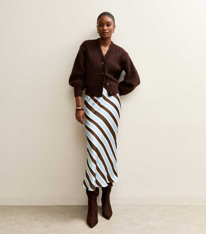 Brown Satin Striped Bias Cut Midi Skirt