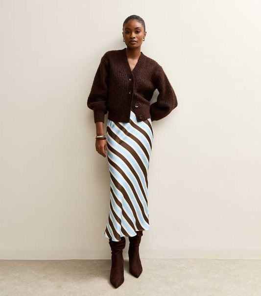 Brown Satin Striped Bias Cut Midi Skirt