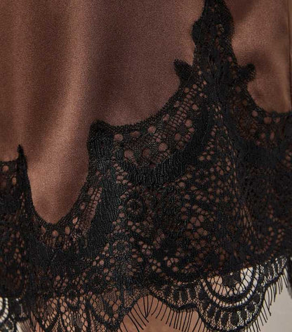 Brown Satin Tie Lace Trim Shorts
